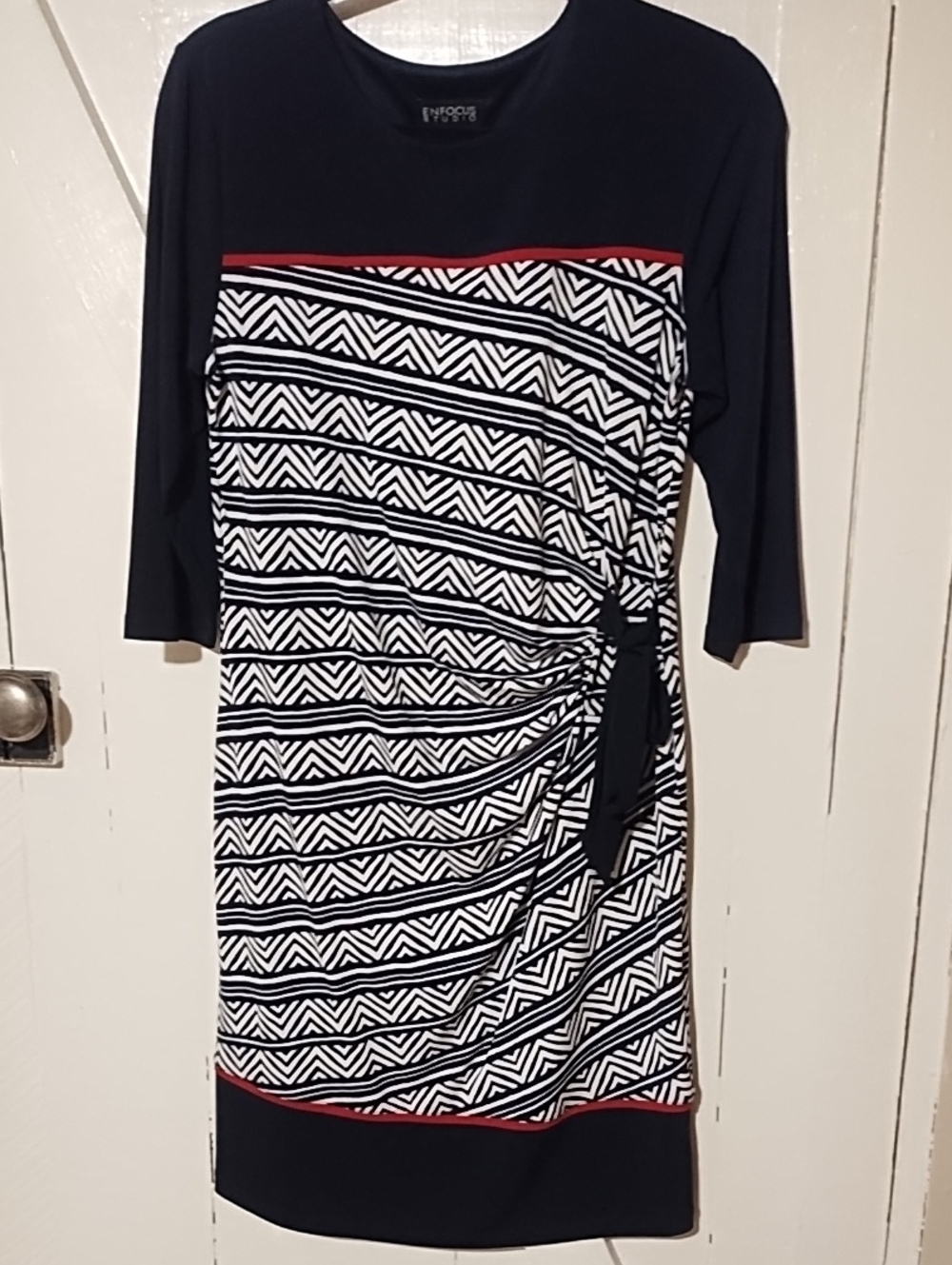 Enfocus Studio Black, White & Red Geometric Midi Dress Like New Size 12.